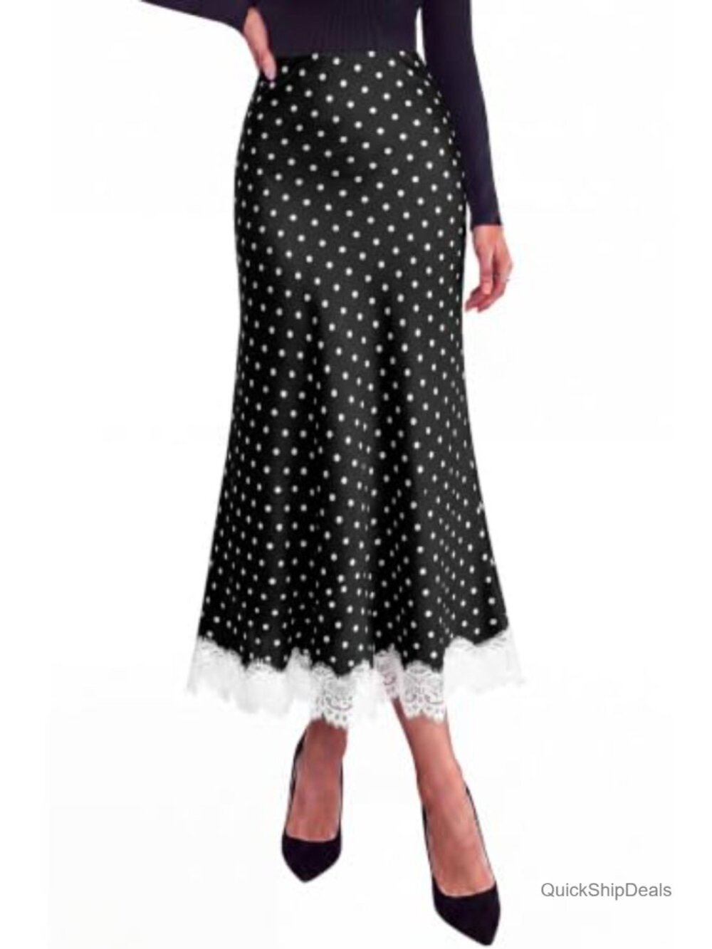Satin Lace Trim A-Line High Waisted Midi Skirt Fall Night Out